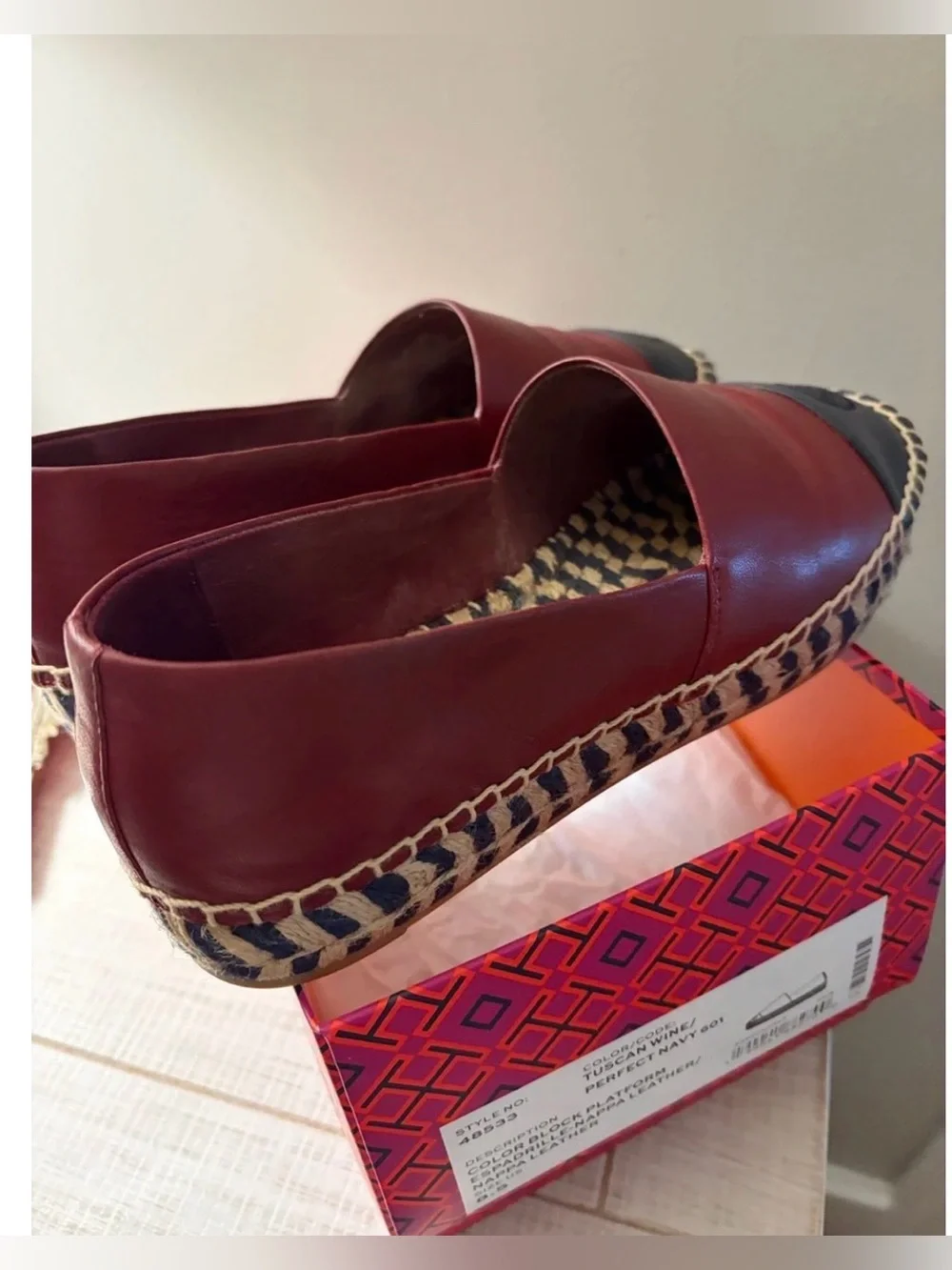 Tory Burch Tuscan Wine & Navy Color-Block Espadrille Platform Loafers 8.5